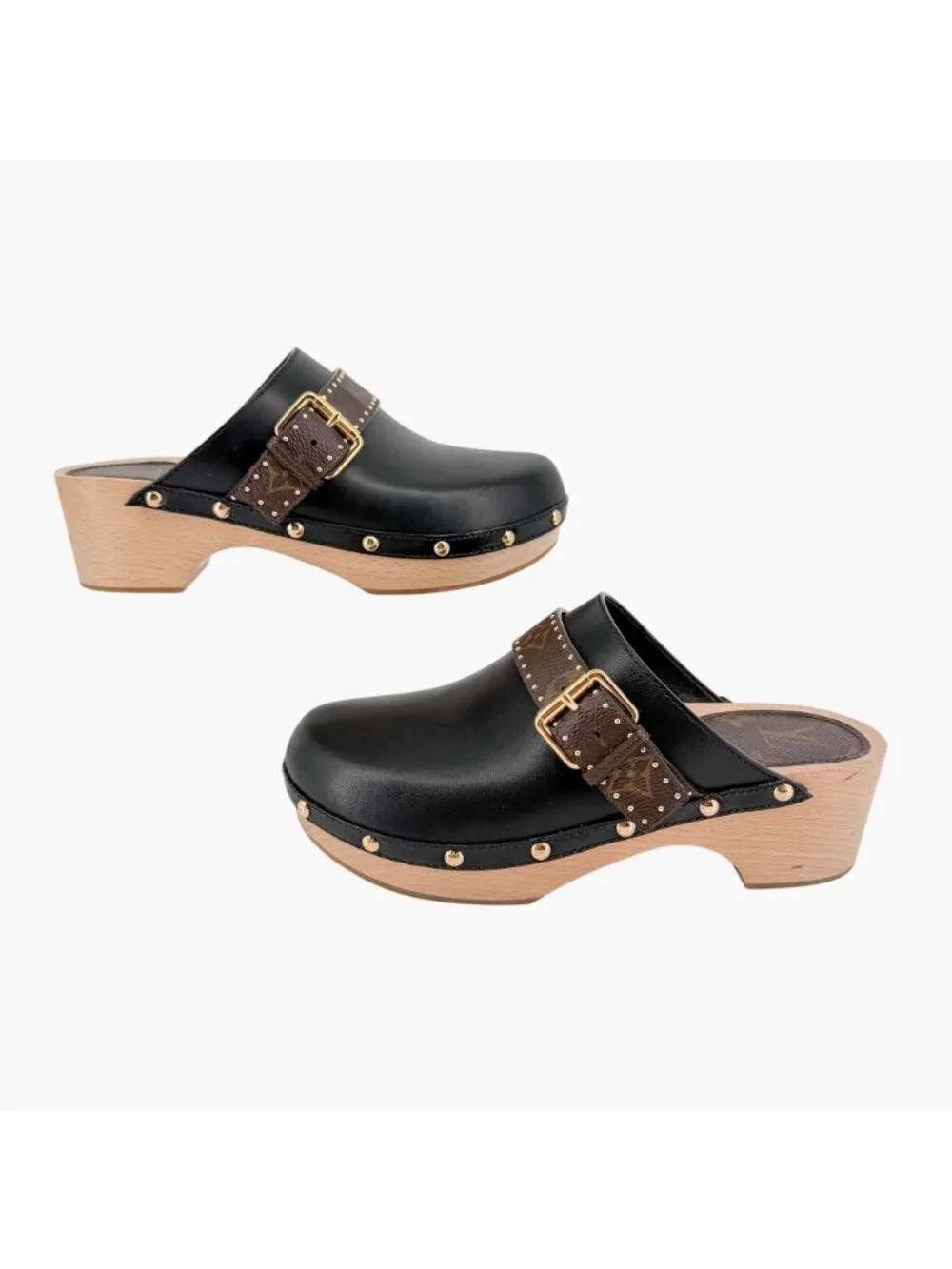 Louis Vuitton LV Cottage Mule Clogs Black Leather Size 39 US 9 Women's Wooden